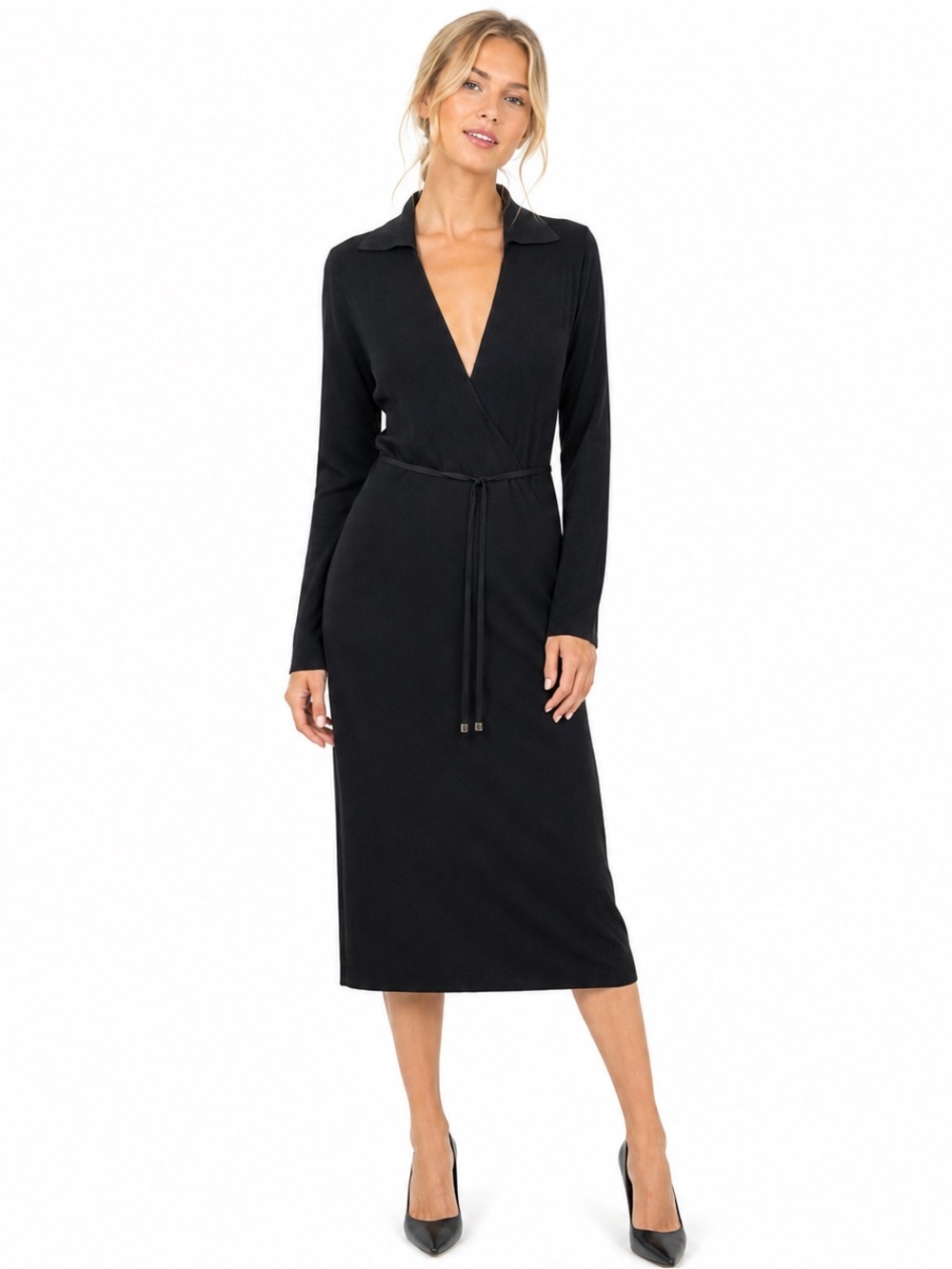 Vertigo Black Wrap Dress Wrinkle Free V-Neck Long Sleeve Knee Minimalist Size M